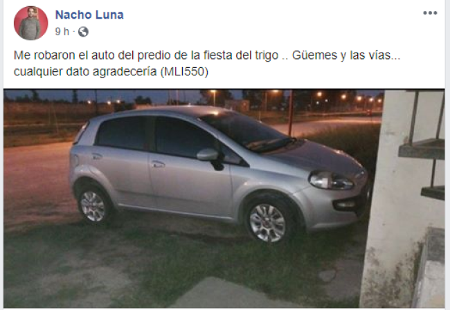 Denunció que le robaron el auto en el predio de la Fiesta del Trigo