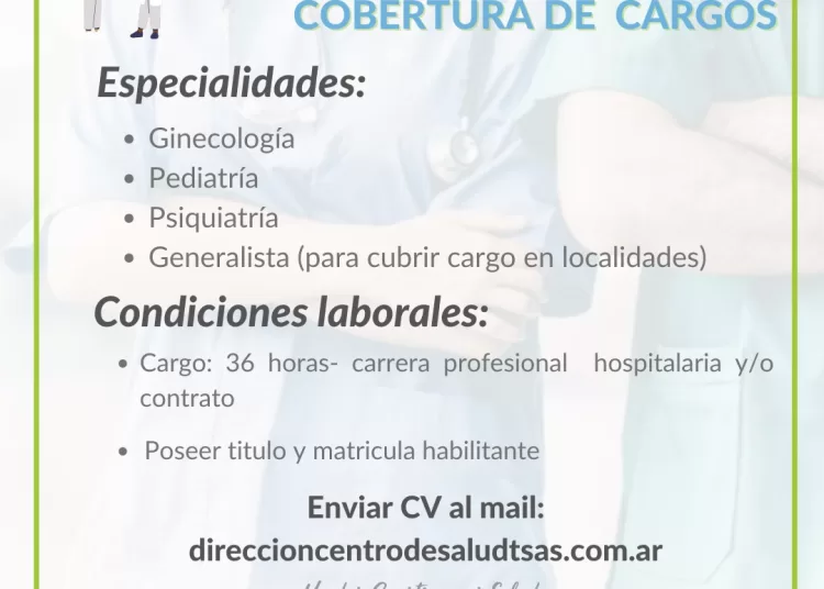 Convocan a cobertura de cargos para el Centro de Salud y localidades