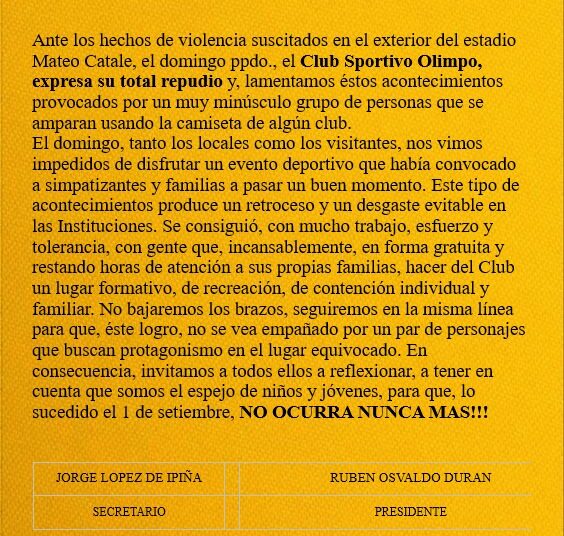 Desde el club Olimpo repudian los hechos de violencia del último domingo