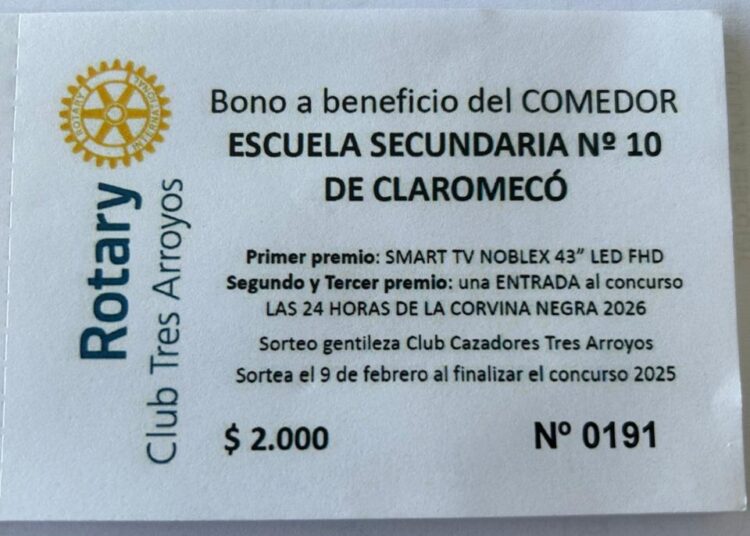 El Rotary Club Tres Arroyos invita a colaborar con el bono solidario para el comedor de la Secundaria 10 de Claromecó