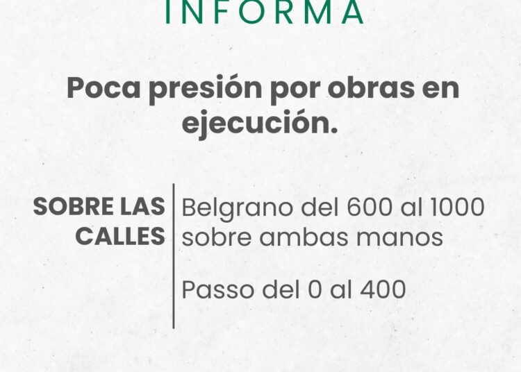Trabajos de reparación en la red de agua: podría registrarse baja presión en la zona