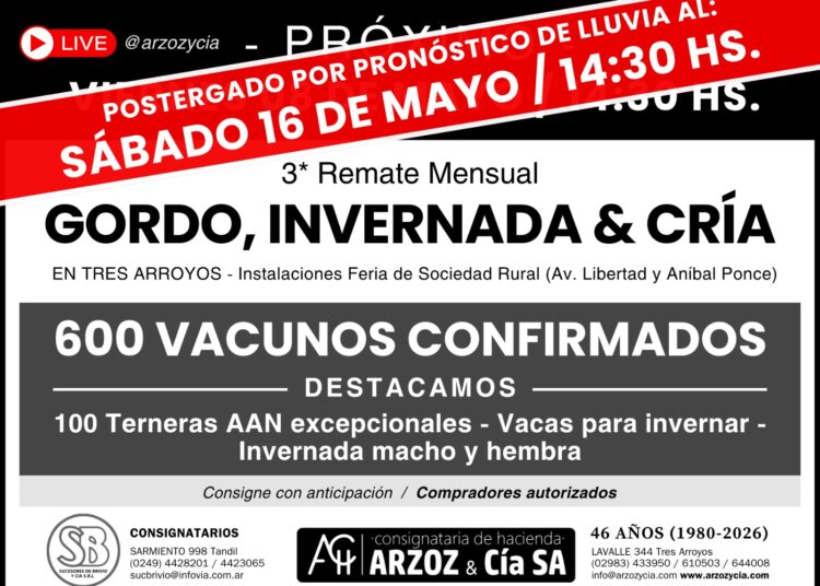 Postergación y nueva fecha para el tercer remate mensual de Arzoz y Cía.
