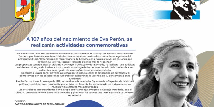El PJ de Tres Arroyos homenajeará a Eva Perón a 107 años de su nacimiento