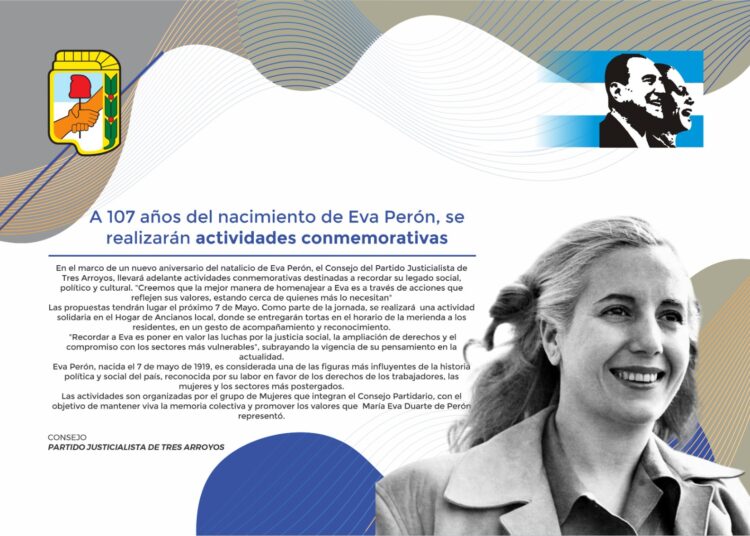 El PJ de Tres Arroyos homenajeará a Eva Perón a 107 años de su nacimiento