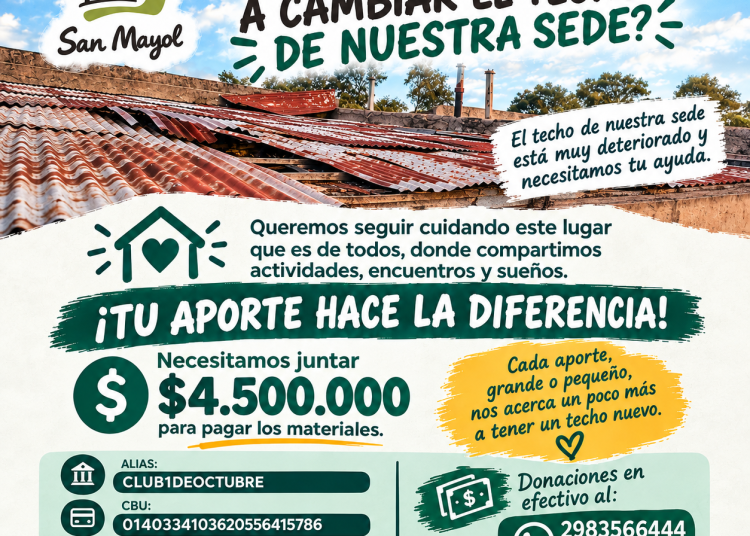 El Club 1° de Octubre de San Mayol lanzó una colecta solidaria para reparar el techo de su sede